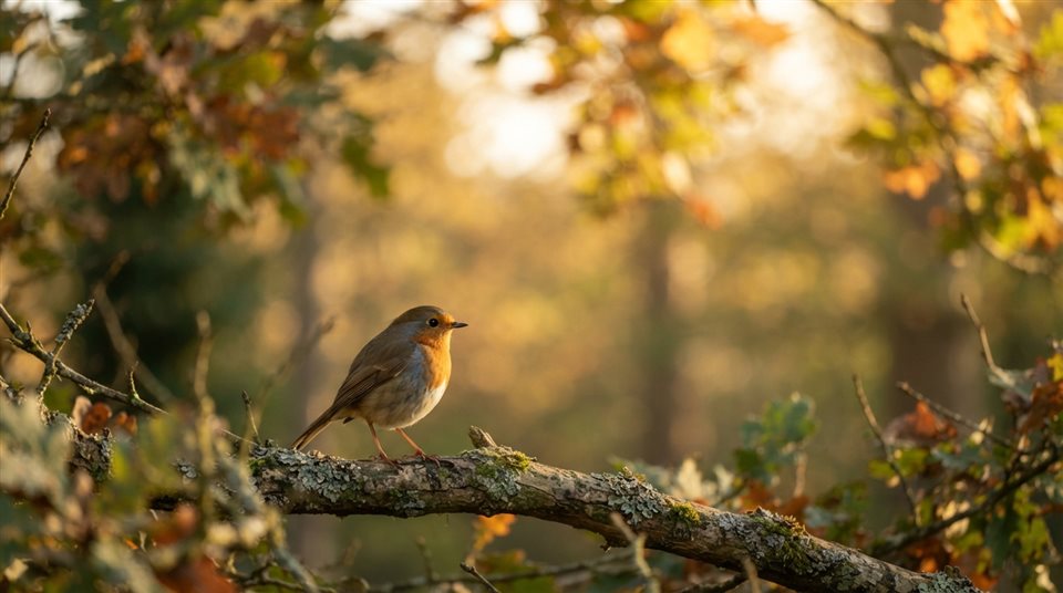 Photorealistic photo of small bird on a branch, wide shot with open space at the top for text, warm golden light, calm mood, 16:9 aspect ratio
