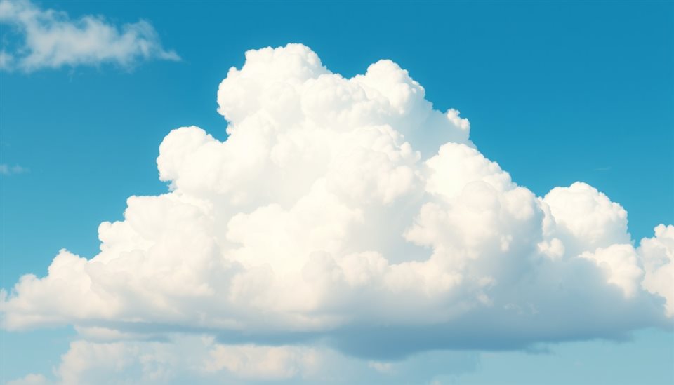Minimal flat illustration of A vibrant vivid blue sky with soft, fluffy white cumulus clouds floating peacefully, wide shot with open space at the top for text, soft pastel colors, bright and cozy, 16:9 aspect ratio