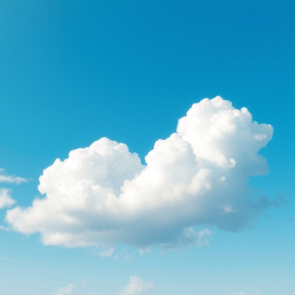 Soft 3D render of A vibrant vivid blue sky with soft, fluffy white cumulus clouds floating peacefully, centered subject with a simple uncluttered composition, misty morning haze, dreamy, 1:1 aspect ratio