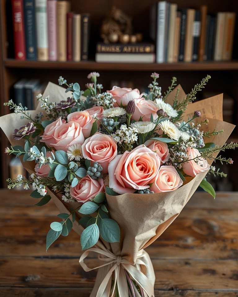 Cinematic film still of A charming rustic bouquet of pastel roses, eucalyptus, and wildflowers wrapped in craft paper., centered subject with a simple uncluttered composition, vivid colors, high contrast, energetic, 4:5 aspect ratio