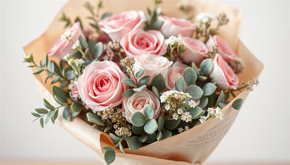 Minimal flat illustration of A charming rustic bouquet of pastel roses, eucalyptus, and wildflowers wrapped in craft paper., close-up detail with shallow depth of field, soft pastel colors, bright and cozy, 16:9 aspect ratio