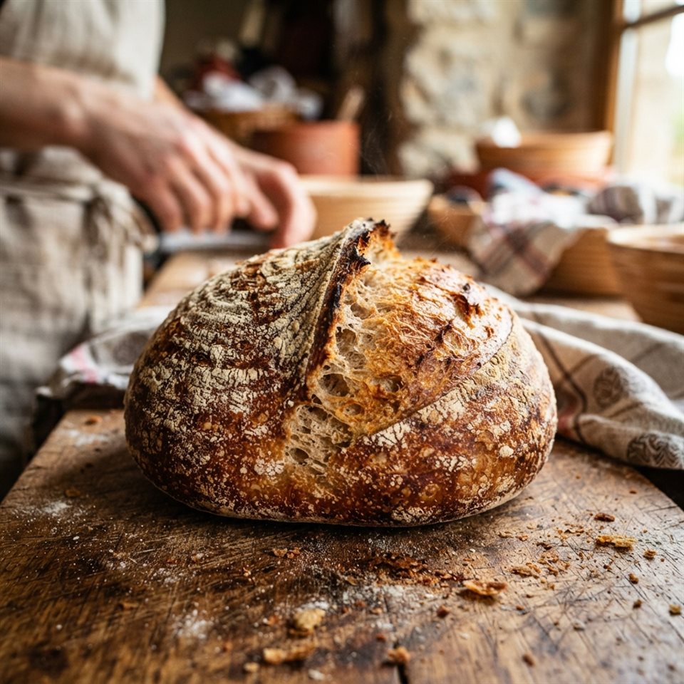 Photorealistic photo of fresh baked bread, close-up detail with shallow depth of field, vivid colors, high contrast, energetic, 1:1 aspect ratio