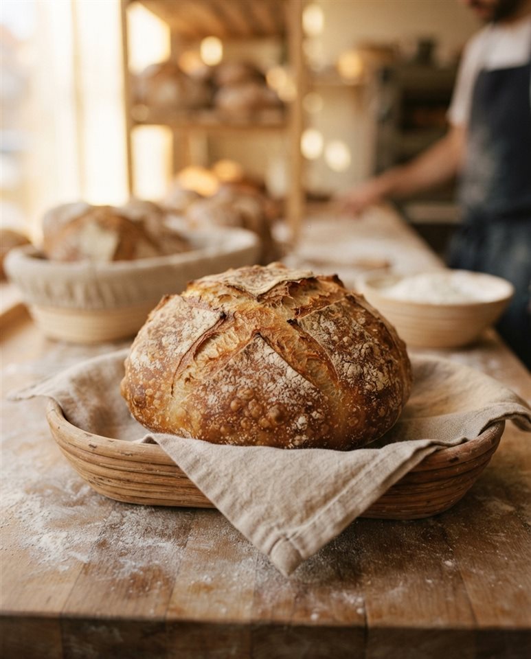 Cinematic film still of fresh baked bread, close-up detail with shallow depth of field, warm golden light, calm mood, 4:5 aspect ratio