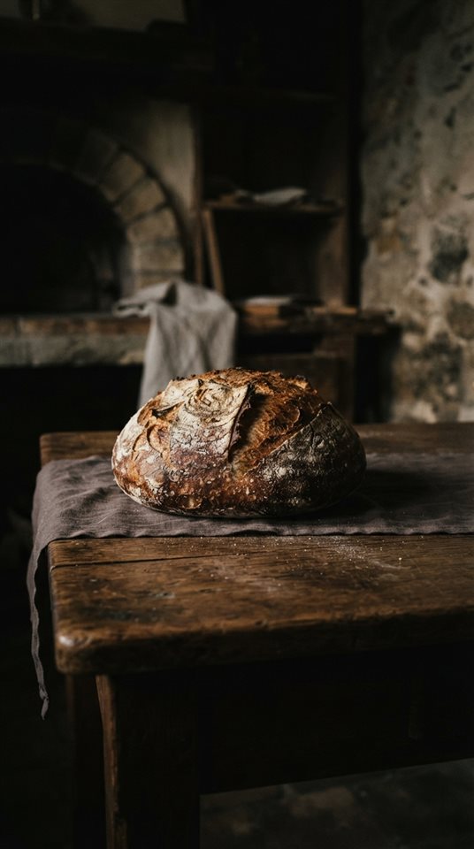 Cinematic film still of fresh baked bread, centered subject with a simple uncluttered composition, moody dark tones, dramatic lighting, 9:16 aspect ratio