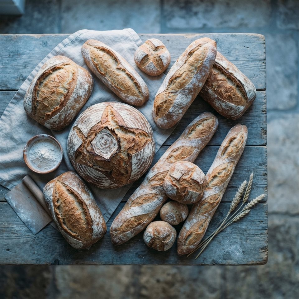 Photorealistic photo of fresh baked bread, high-angle view from above, cool blue tones, quiet atmosphere, 1:1 aspect ratio