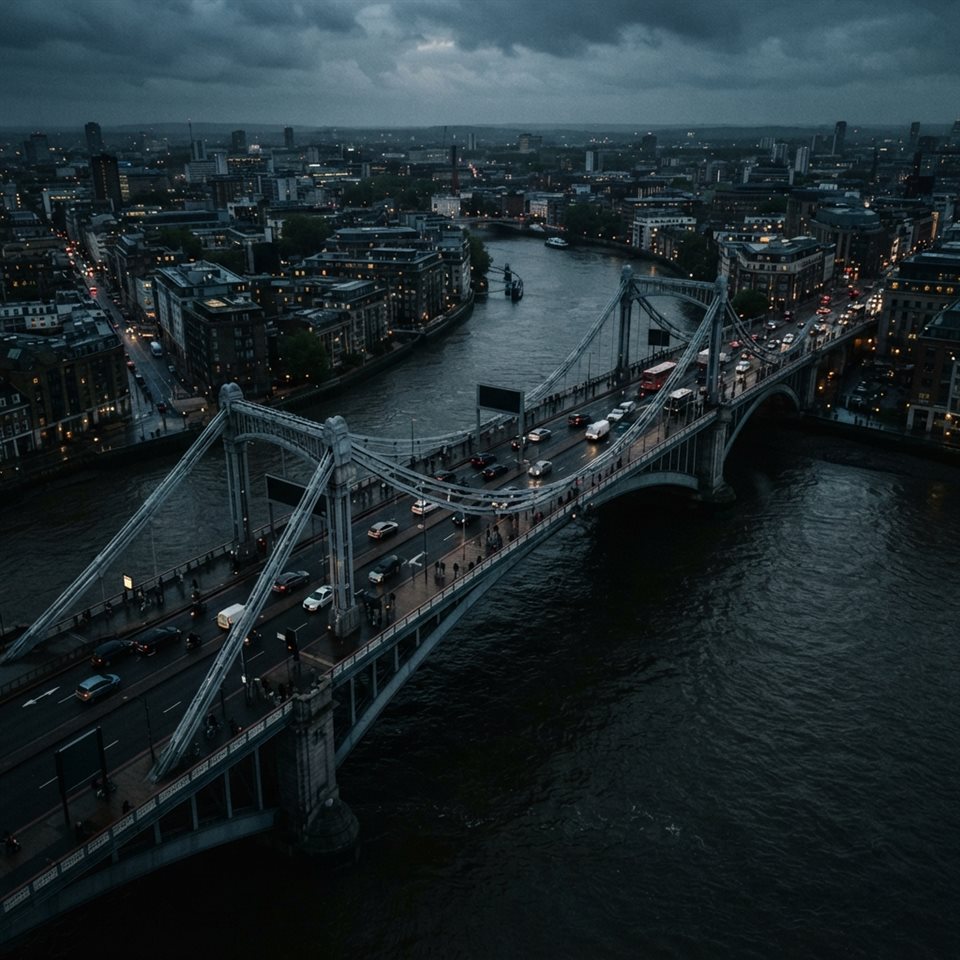 Photorealistic photo of bridge over a river, high-angle view from above, moody dark tones, dramatic lighting, 1:1 aspect ratio