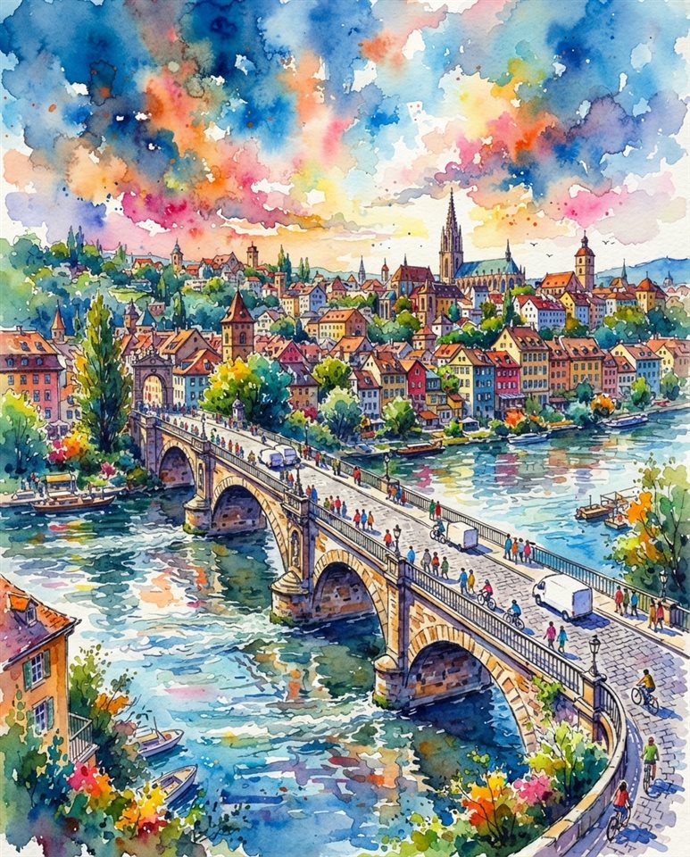 Watercolor illustration of bridge over a river, wide shot with open space at the top for text, vivid colors, high contrast, energetic, 4:5 aspect ratio