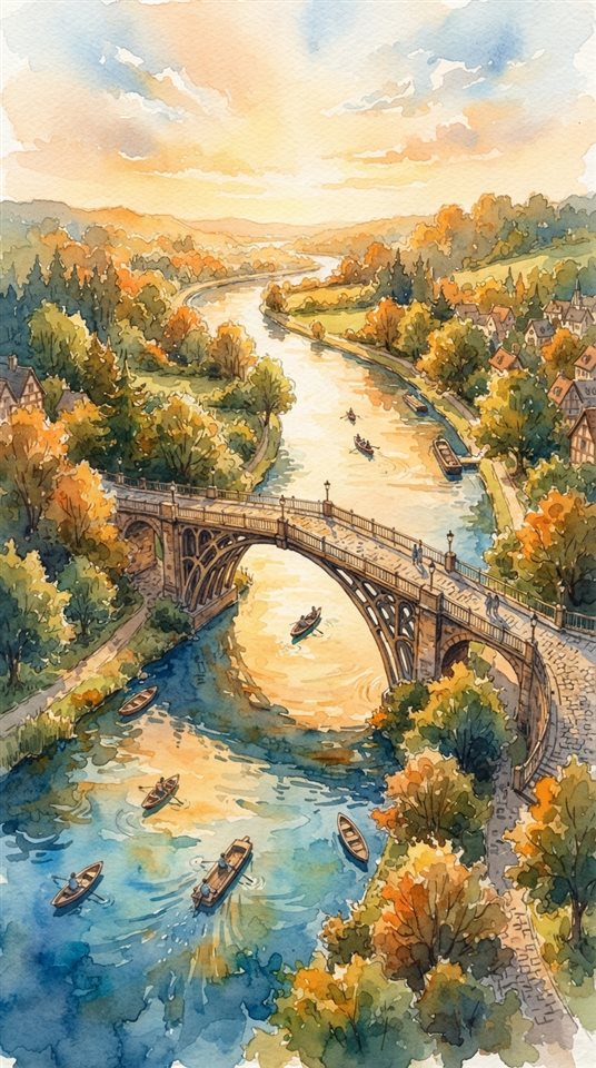 Watercolor illustration of bridge over a river, high-angle view from above, warm golden light, calm mood, 9:16 aspect ratio