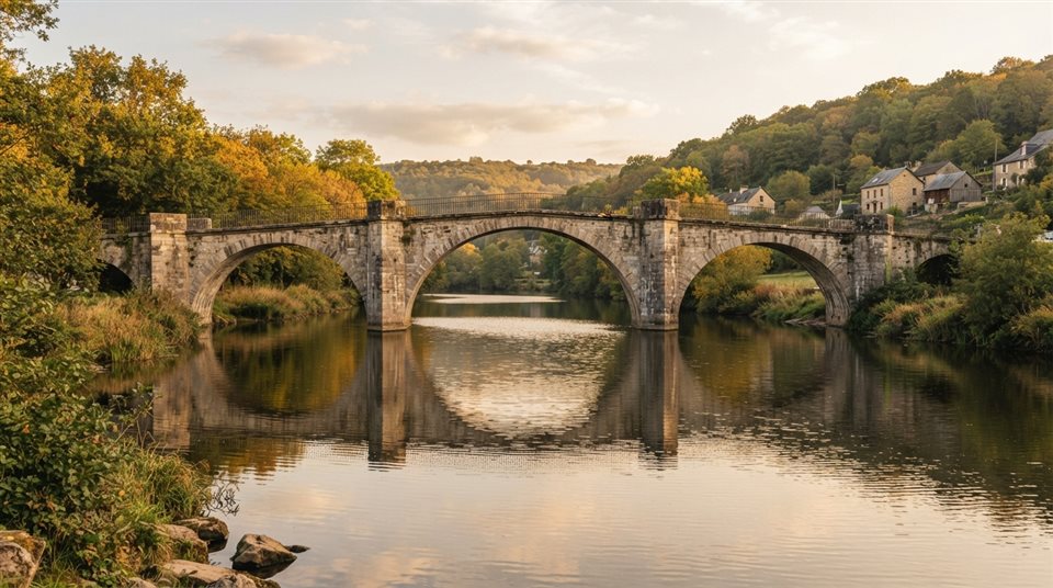 Photorealistic photo of bridge over a river, centered subject with a simple uncluttered composition, warm golden light, calm mood, 16:9 aspect ratio