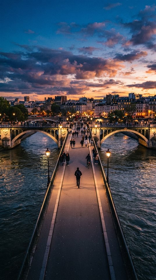 Cinematic film still of bridge over a river, centered subject with a simple uncluttered composition, vivid colors, high contrast, energetic, 9:16 aspect ratio