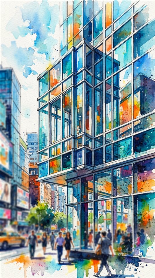 Watercolor illustration of modern glass building, close-up detail with shallow depth of field, vivid colors, high contrast, energetic, 9:16 aspect ratio
