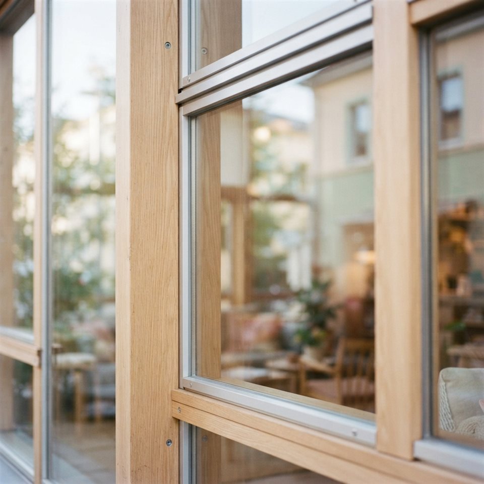 Photorealistic photo of modern glass building, close-up detail with shallow depth of field, soft pastel colors, bright and cozy, 1:1 aspect ratio