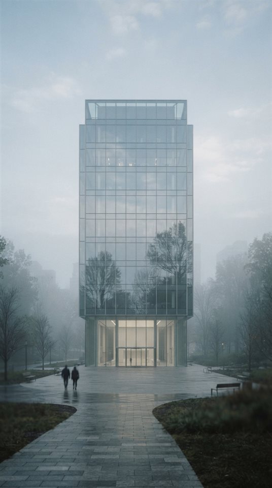 Cinematic film still of modern glass building, centered subject with a simple uncluttered composition, misty morning haze, dreamy, 9:16 aspect ratio