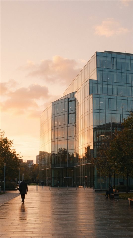 Cinematic film still of modern glass building, wide shot with open space at the top for text, warm golden light, calm mood, 9:16 aspect ratio