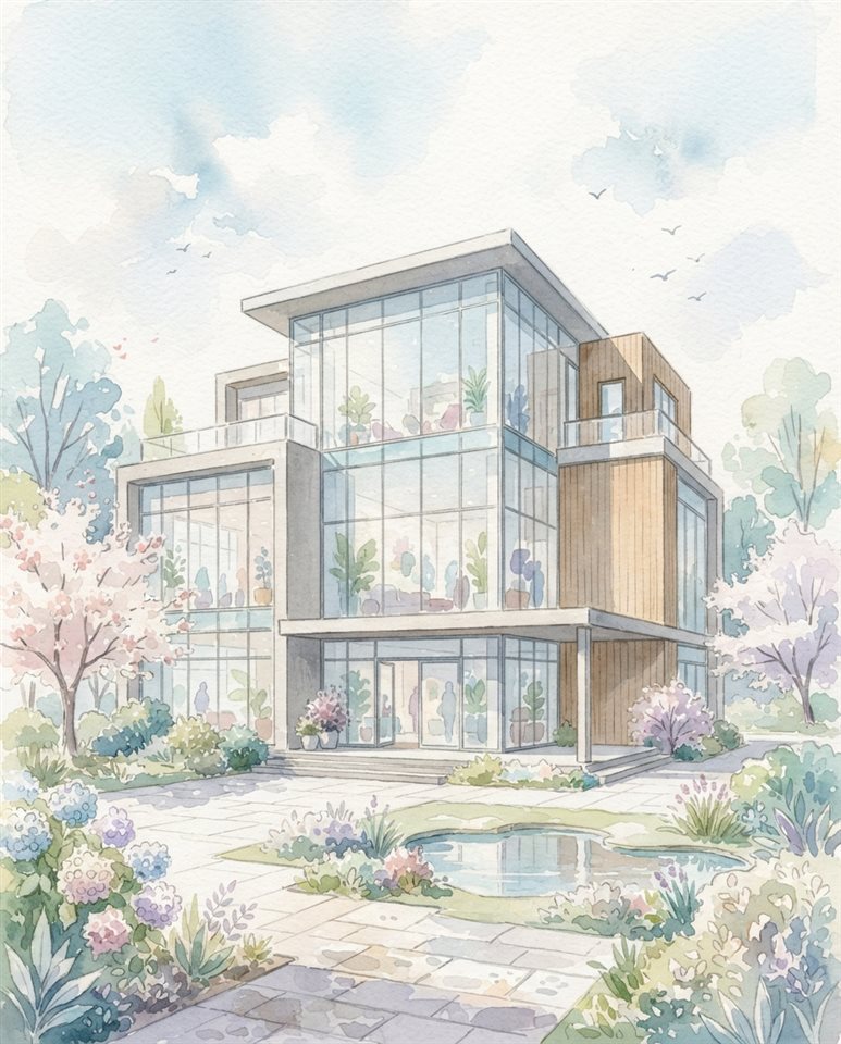 Watercolor illustration of modern glass building, centered subject with a simple uncluttered composition, soft pastel colors, bright and cozy, 4:5 aspect ratio