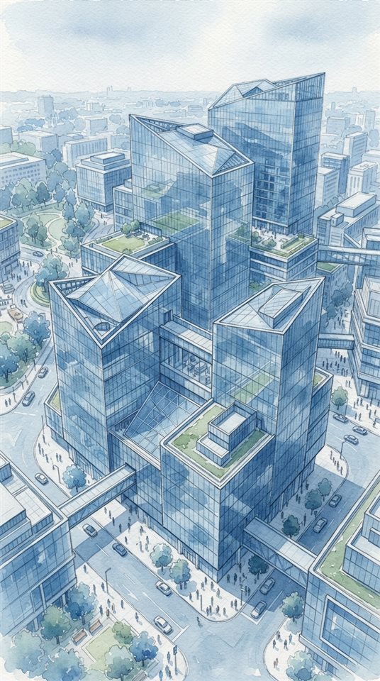 Watercolor illustration of modern glass building, high-angle view from above, cool blue tones, quiet atmosphere, 9:16 aspect ratio