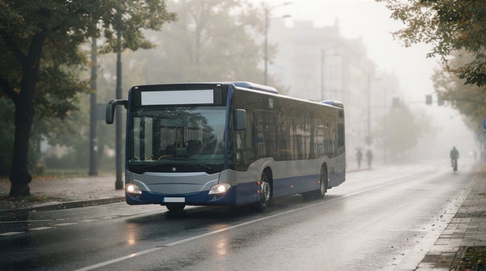 Photorealistic photo of a city bus on a street, centered subject with a simple uncluttered composition, misty morning haze, dreamy, 16:9 aspect ratio