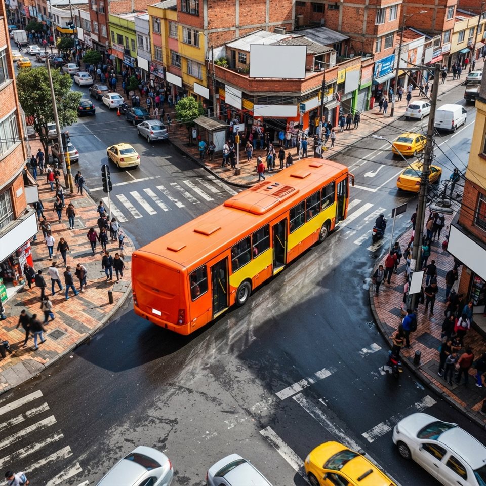 Photorealistic photo of a city bus on a street, high-angle view from above, vivid colors, high contrast, energetic, 1:1 aspect ratio