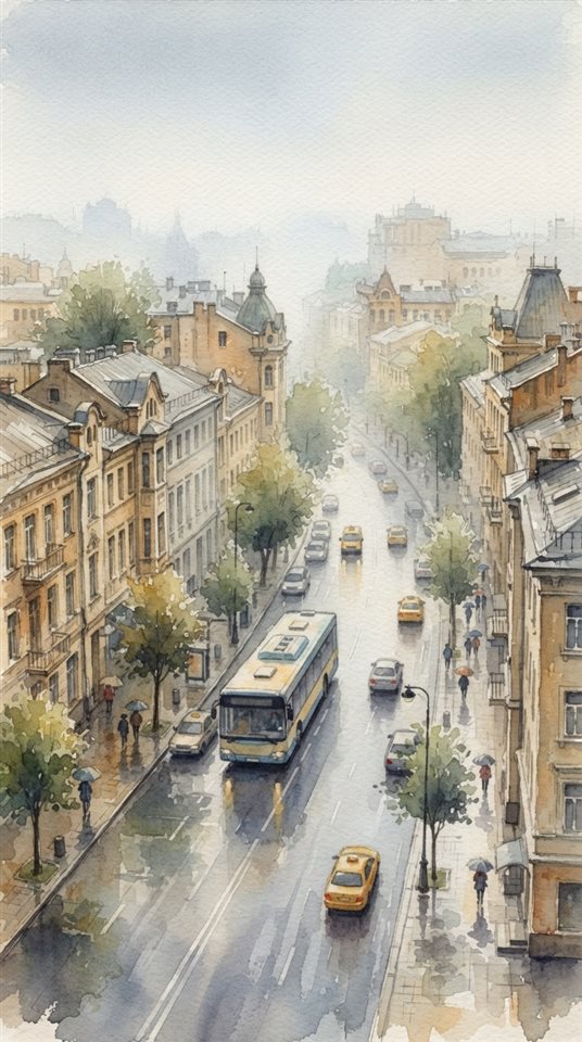 Watercolor illustration of a city bus on a street, high-angle view from above, misty morning haze, dreamy, 9:16 aspect ratio
