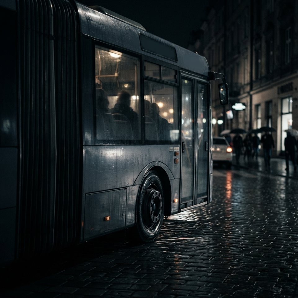Photorealistic photo of a city bus on a street, close-up detail with shallow depth of field, moody dark tones, dramatic lighting, 1:1 aspect ratio