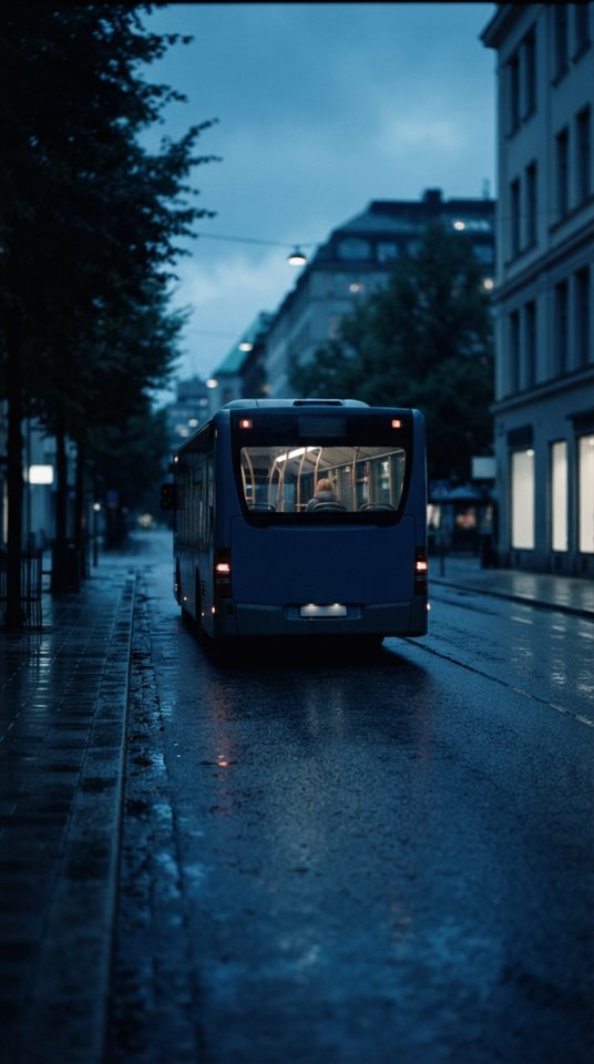 Cinematic film still of a city bus on a street, centered subject with a simple uncluttered composition, cool blue tones, quiet atmosphere, 9:16 aspect ratio