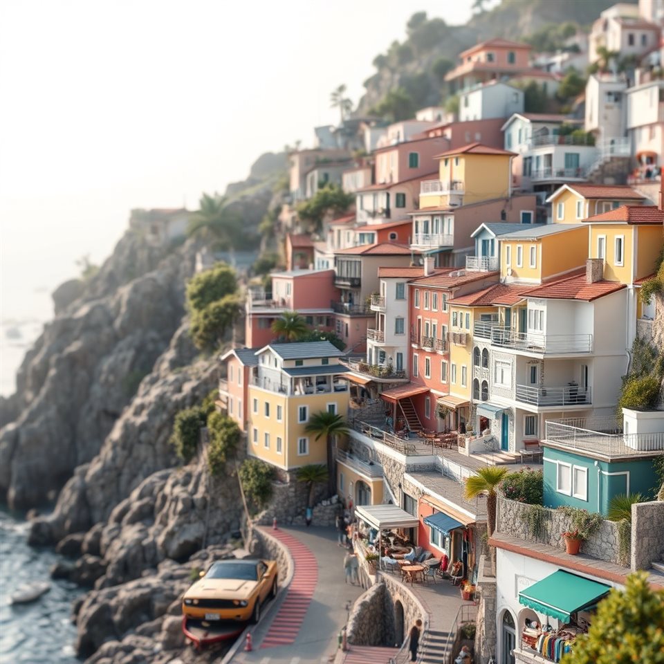 Soft 3D render of A scenic coastal view with colorful seaside houses cascading down a hill toward the ocean, close-up detail with shallow depth of field, misty morning haze, dreamy, 1:1 aspect ratio