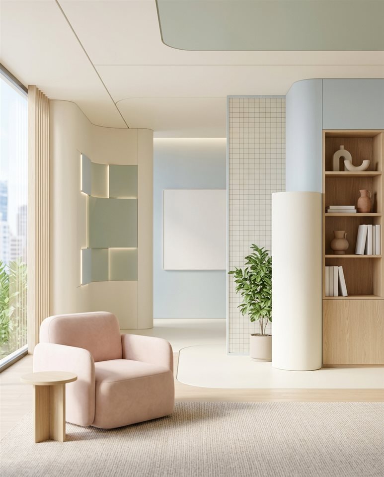 Renderização 3D suave de fundo corporativo moderno com linhas geométricas sutis e espaço vazio, layout simples e equilibrado, cores pastéis suaves, claro e aconchegante, proporção 4:5