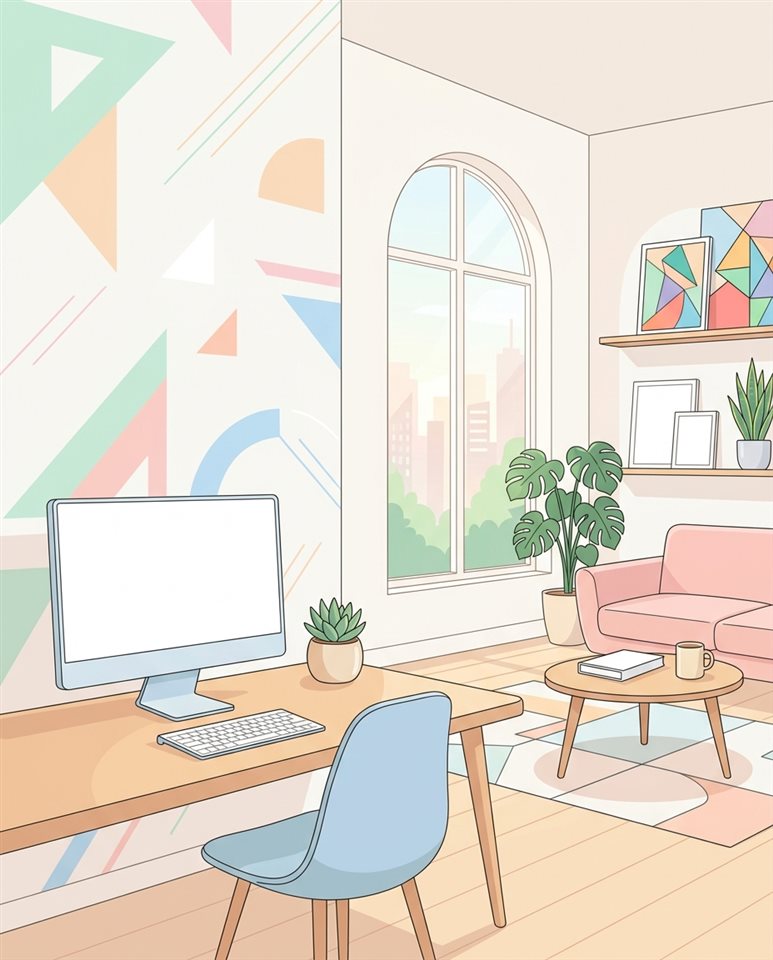 Design vetorial plano de fundo corporativo moderno com linhas geométricas sutis e espaço vazio, layout simples e equilibrado, cores pastéis suaves, claro e aconchegante, proporção 4:5