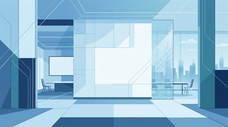 Design vetorial plano de fundo corporativo moderno com linhas geométricas sutis e espaço vazio, layout simples e equilibrado, tons de azul frios, atmosfera tranquila, proporção 16:9
