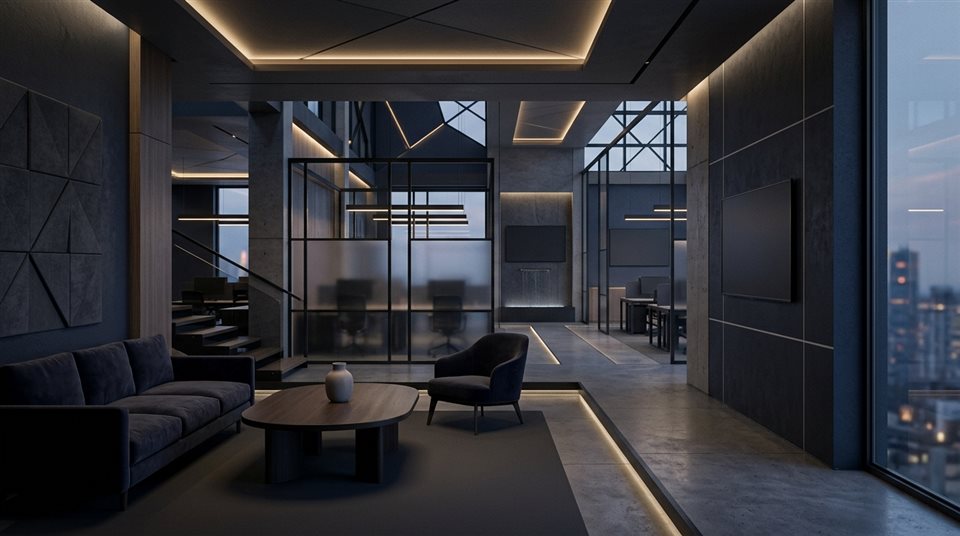 Renderizado 3D suave de un fondo corporativo moderno con líneas geométricas sutiles y espacio vacío, composición simple y equilibrada, tonos oscuros y melancólicos, iluminación dramática, relación de aspecto 16:9