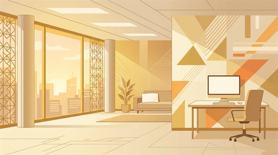 Design vetorial plano de fundo corporativo moderno com linhas geométricas sutis e espaço vazio, layout simples e equilibrado, luz dourada quente, clima calmo, proporção 16:9