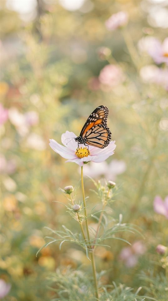 Cinematic film still of butterfly on a flower, centered subject with a simple uncluttered composition, soft pastel colors, bright and cozy, 9:16 aspect ratio