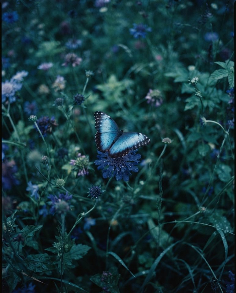 Cinematic film still of butterfly on a flower, high-angle view from above, cool blue tones, quiet atmosphere, 4:5 aspect ratio
