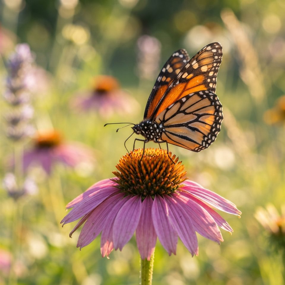 Photorealistic photo of butterfly on a flower, close-up detail with shallow depth of field, warm golden light, calm mood, 1:1 aspect ratio