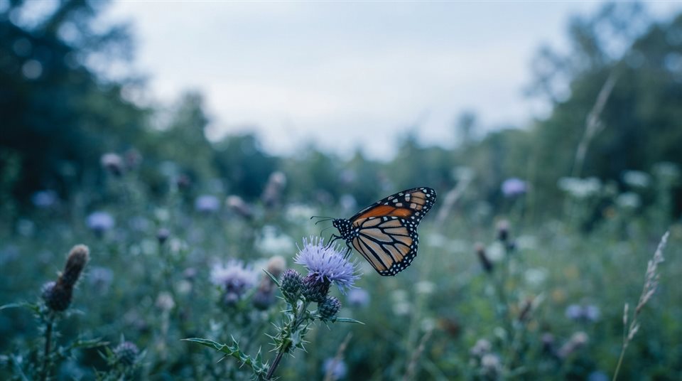 Photorealistic photo of butterfly on a flower, wide shot with open space at the top for text, cool blue tones, quiet atmosphere, 16:9 aspect ratio