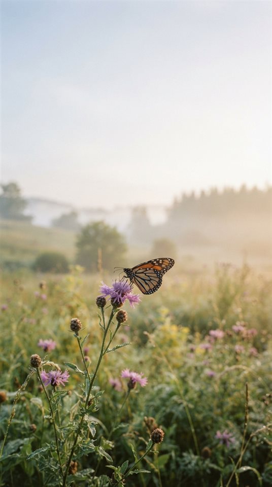 Cinematic film still of butterfly on a flower, wide shot with open space at the top for text, misty morning haze, dreamy, 9:16 aspect ratio