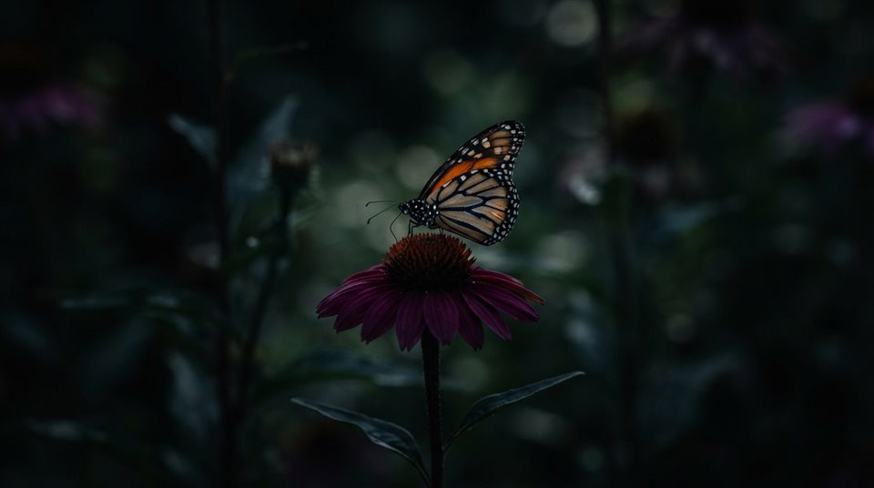 Photorealistic photo of butterfly on a flower, centered subject with a simple uncluttered composition, moody dark tones, dramatic lighting, 16:9 aspect ratio
