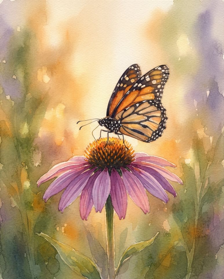 Watercolor illustration of butterfly on a flower, centered subject with a simple uncluttered composition, warm golden light, calm mood, 4:5 aspect ratio