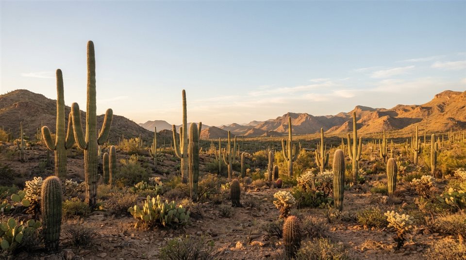 Photorealistic photo of cactus plants, wide shot with open space at the top for text, warm golden light, calm mood, 16:9 aspect ratio