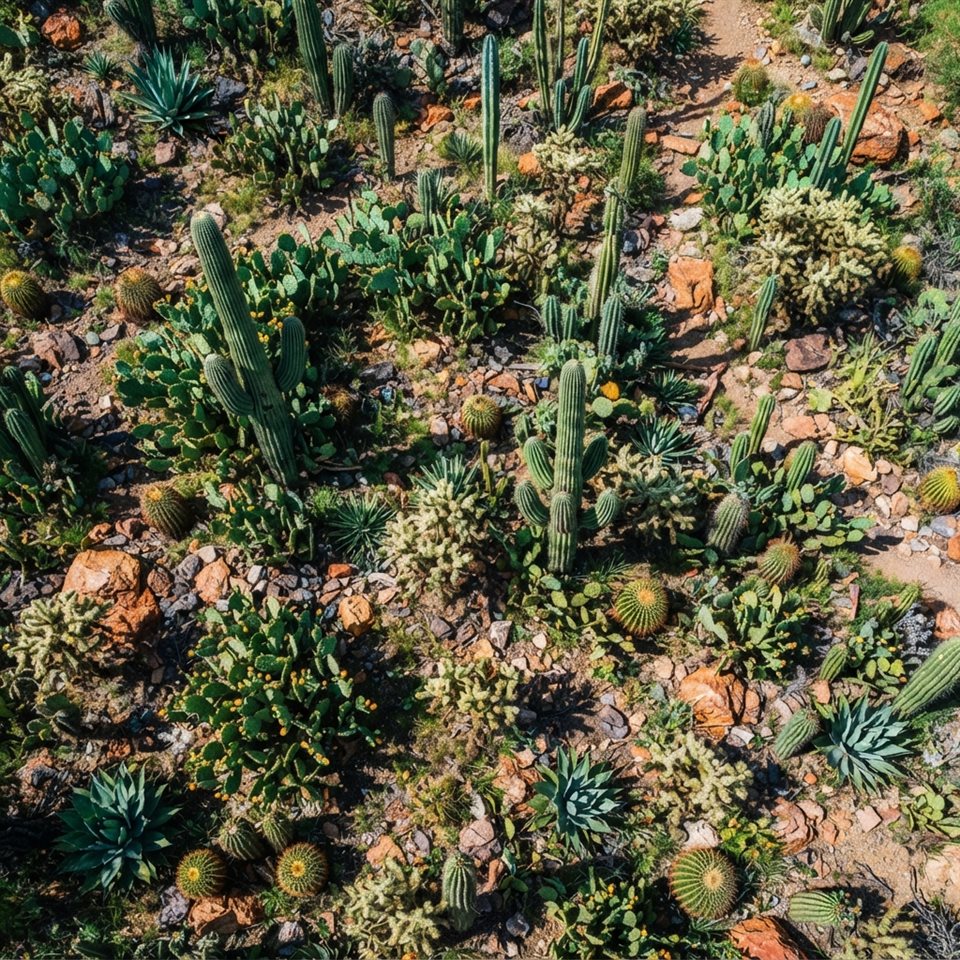 Photorealistic photo of cactus plants, high-angle view from above, vivid colors, high contrast, energetic, 1:1 aspect ratio