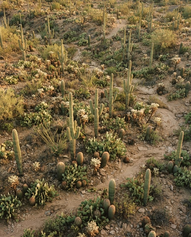 Cinematic film still of cactus plants, high-angle view from above, warm golden light, calm mood, 4:5 aspect ratio