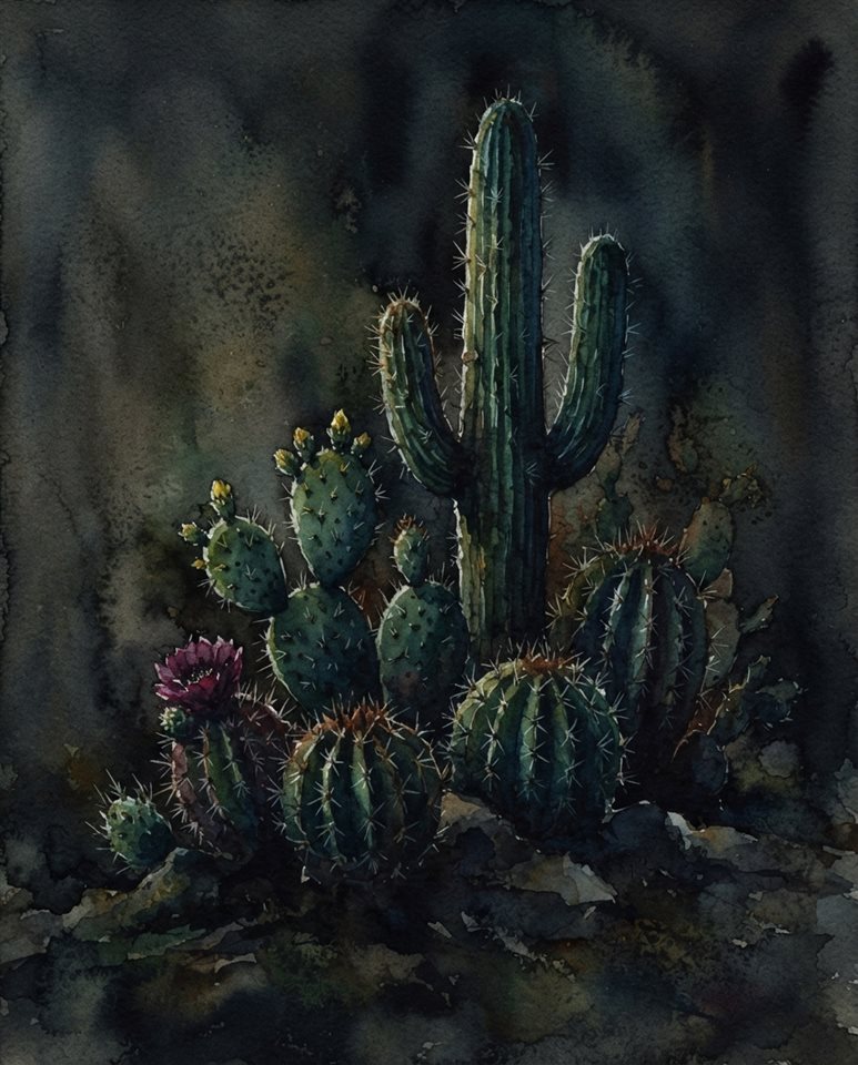 Watercolor illustration of cactus plants, centered subject with a simple uncluttered composition, moody dark tones, dramatic lighting, 4:5 aspect ratio