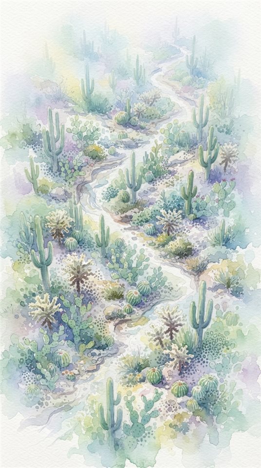 Watercolor illustration of cactus plants, high-angle view from above, misty morning haze, dreamy, 9:16 aspect ratio