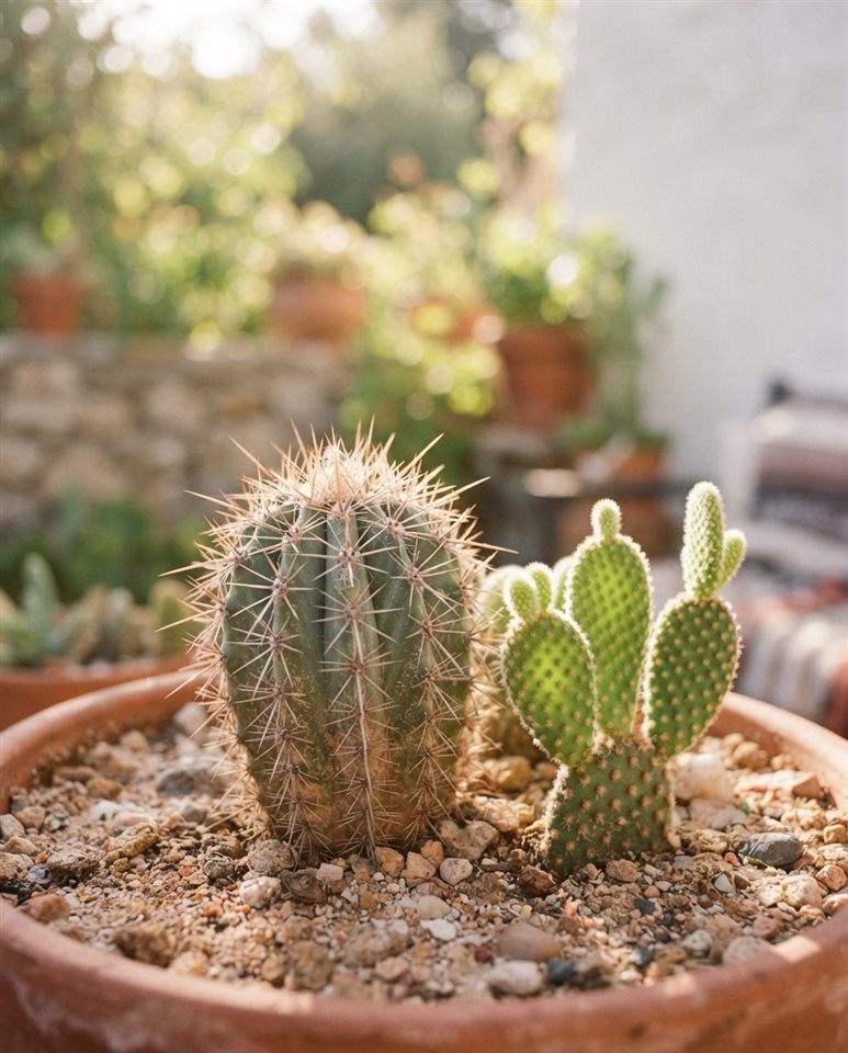 Cinematic film still of cactus plants, close-up detail with shallow depth of field, soft pastel colors, bright and cozy, 4:5 aspect ratio
