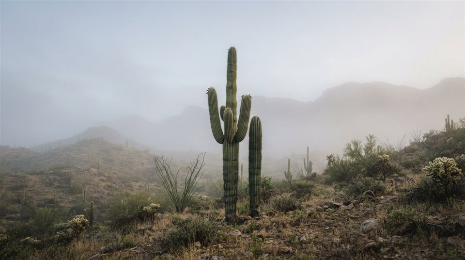 Photorealistic photo of cactus plants, centered subject with a simple uncluttered composition, misty morning haze, dreamy, 16:9 aspect ratio
