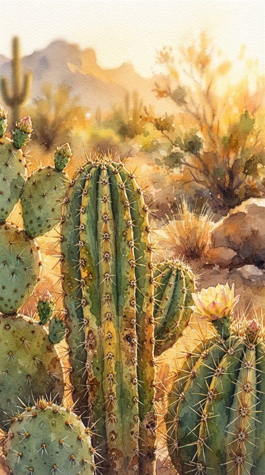 Watercolor illustration of cactus plants, close-up detail with shallow depth of field, warm golden light, calm mood, 9:16 aspect ratio