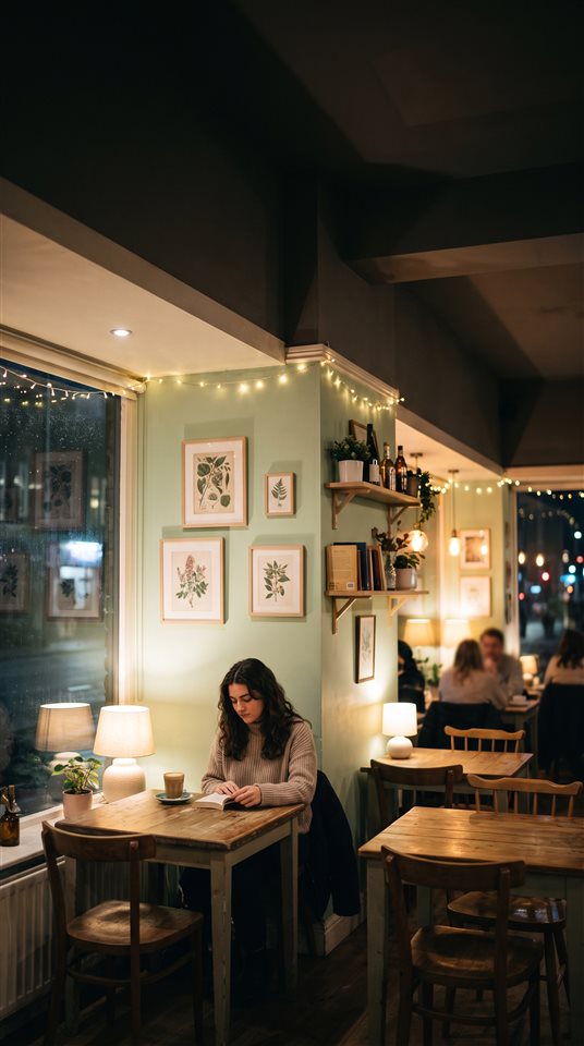 Fotograma de película cinematográfica del rincón de una cafetería tranquila con luces cálidas por la noche, plano general con espacio abierto en la parte superior para texto, colores pastel suaves, ambiente luminoso y acogedor, relación de aspecto 9:16