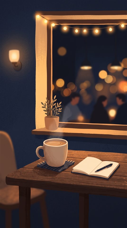 Ilustração plana minimalista de um canto de café silencioso com luzes quentes à noite, detalhe em primeiro plano com profundidade de campo rasa, luz dourada quente, clima calmo, proporção 9:16