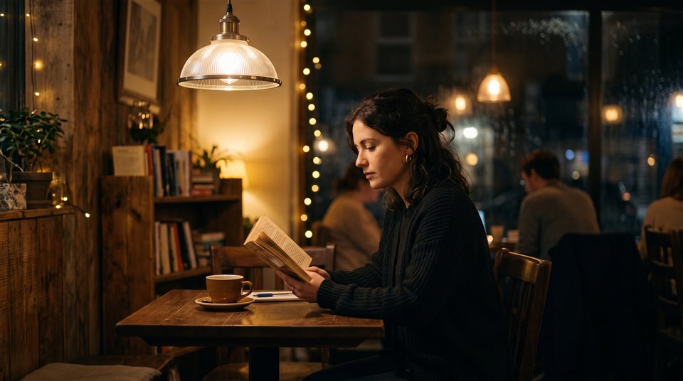 Fotograma de filme cinematográfico de um canto de café silencioso com luzes quentes à noite, assunto centralizado com uma composição simples e limpa, luz dourada quente, clima calmo, proporção 16:9