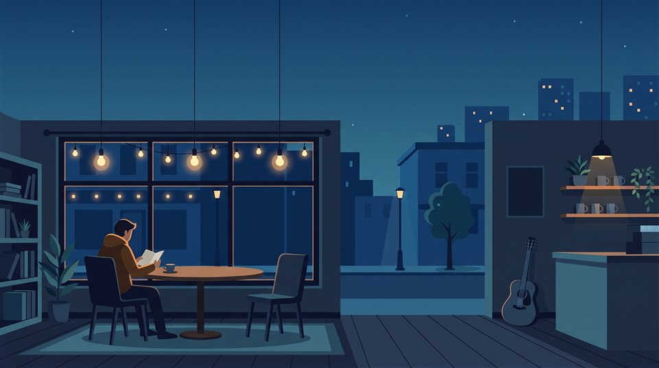 Ilustración plana minimalista del rincón de una cafetería tranquila con luces cálidas por la noche, plano general con espacio abierto en la parte superior para texto, tonos azules fríos, atmósfera tranquila, relación de aspecto 16:9